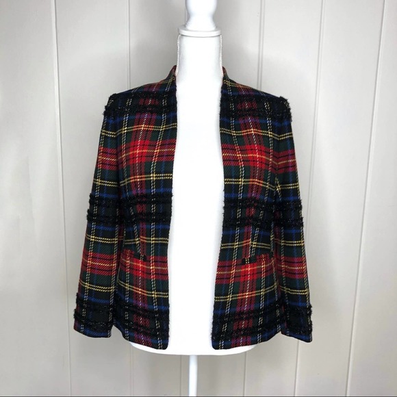 J.Crew Going Out Lurex Stewart Tartan Blazer Jacket Size 4 Red Holiday AE992 - Picture 3 of 12